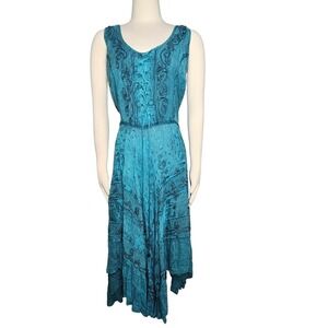 Double Decker Boho Lace-Up Maxi Dress Rayon Teal Embroidered Handkerchief Hem FS